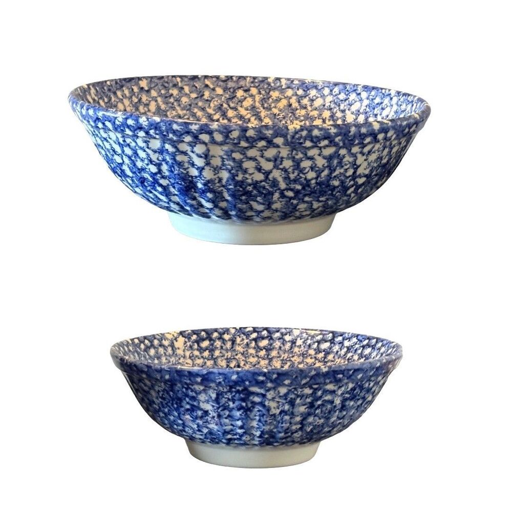 La Primula Spongeware Ceramic Bowls Blue White Set of 2 Made in Italy